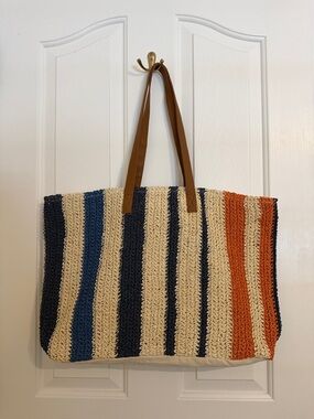Striped Crochet Tote Bag with Brown Handles - Navy, Cream & Rust